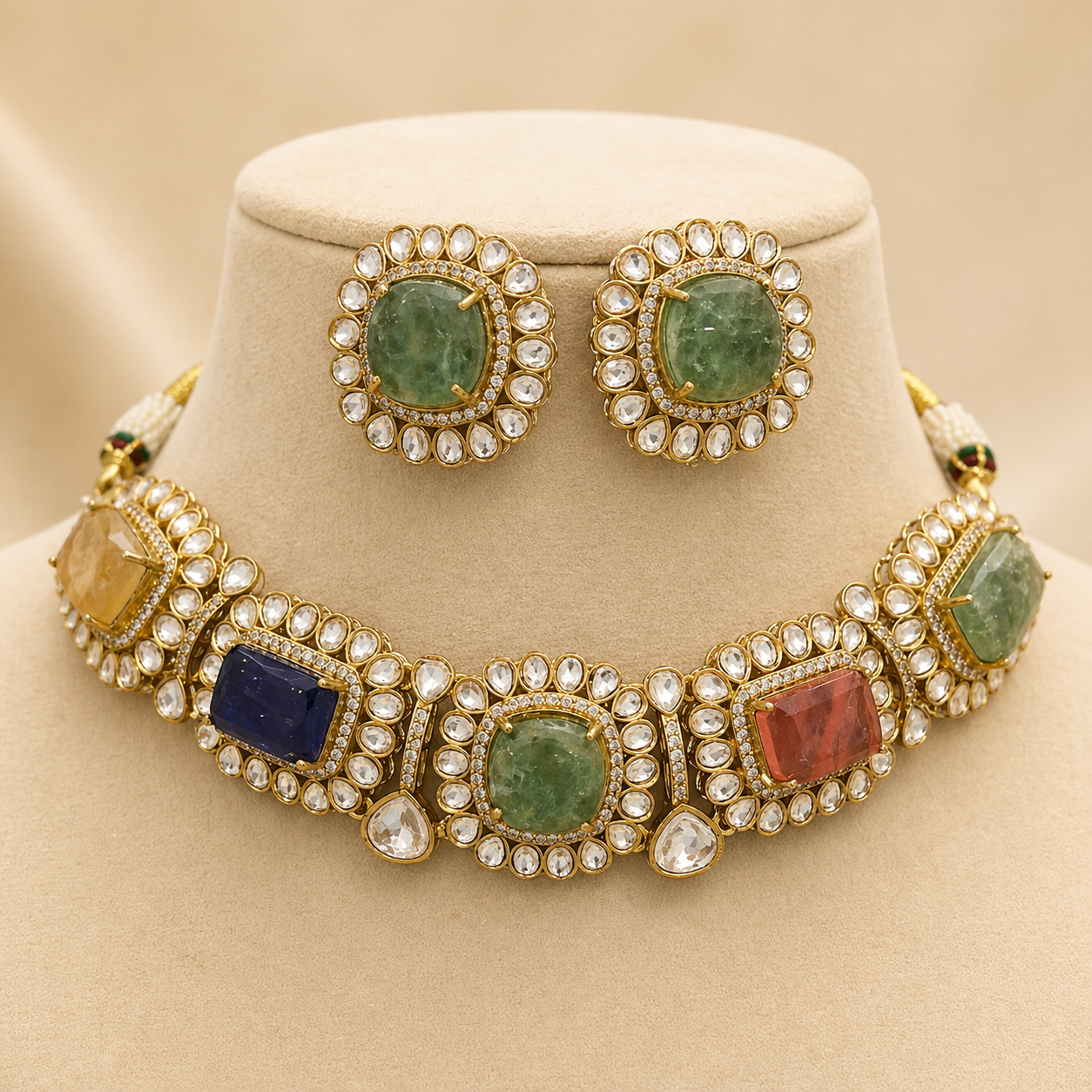 Jewelry set with necklace and earrings on a mannequin bust