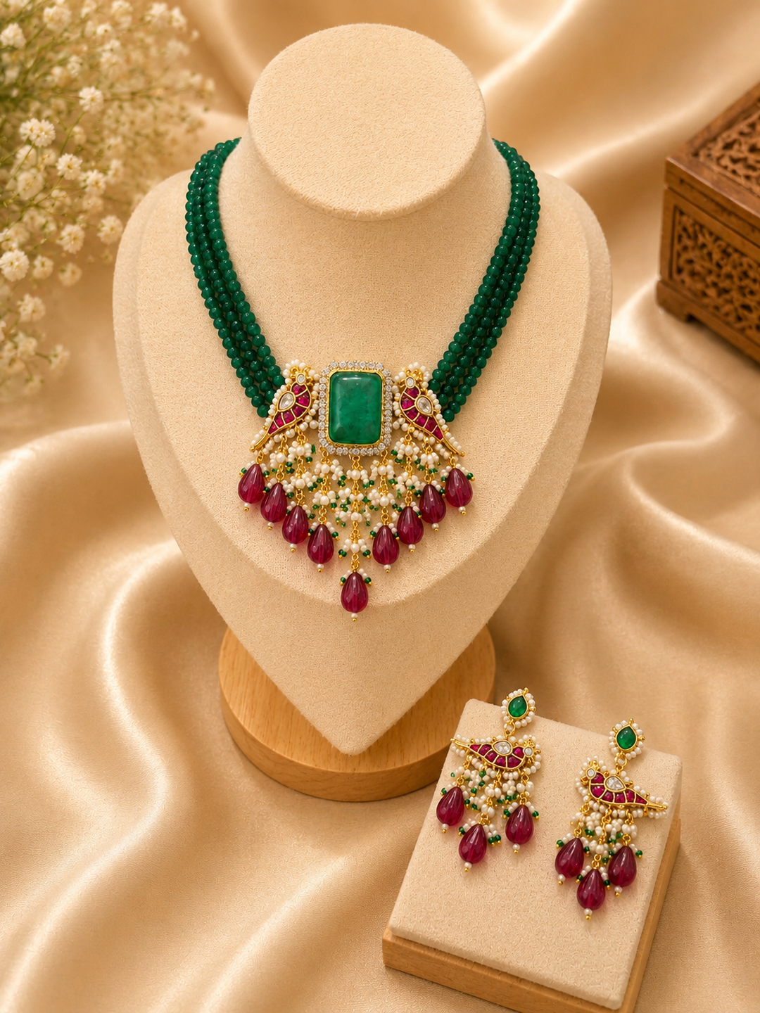 Ornate necklace and earrings set on a beige stand with a soft beige background