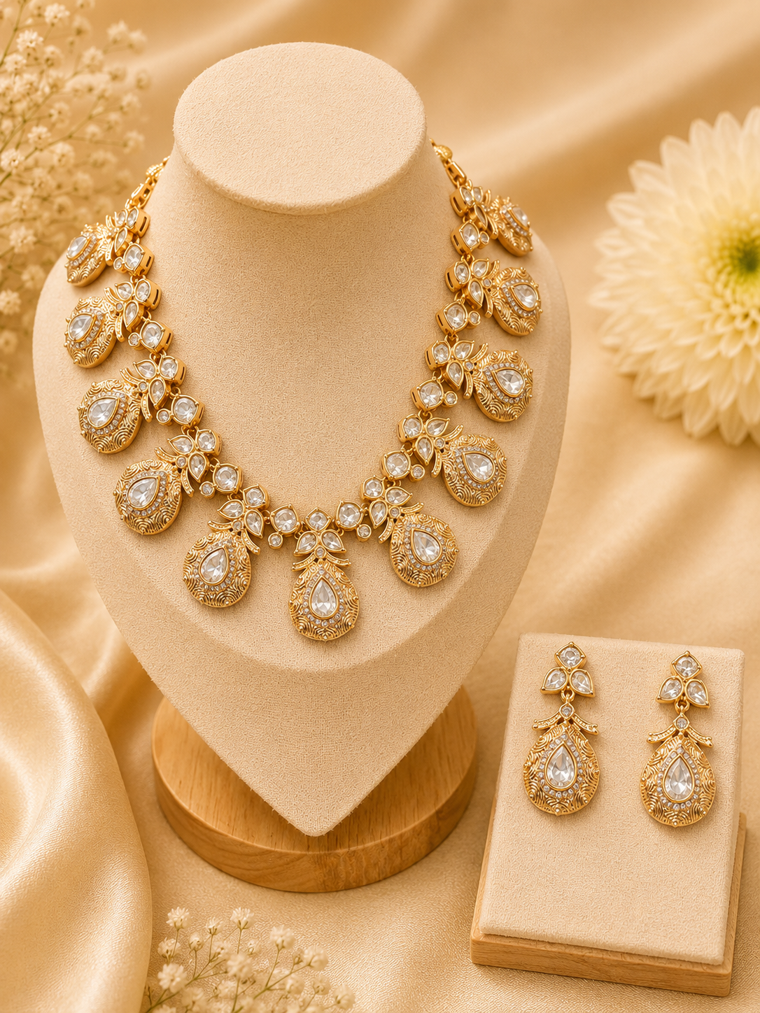 Gold and Kundan inspired necklace against beige background