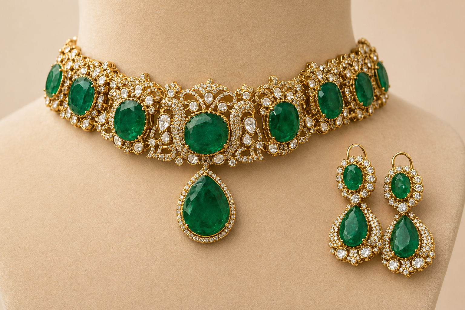 Gold necklace with green stones on beige background