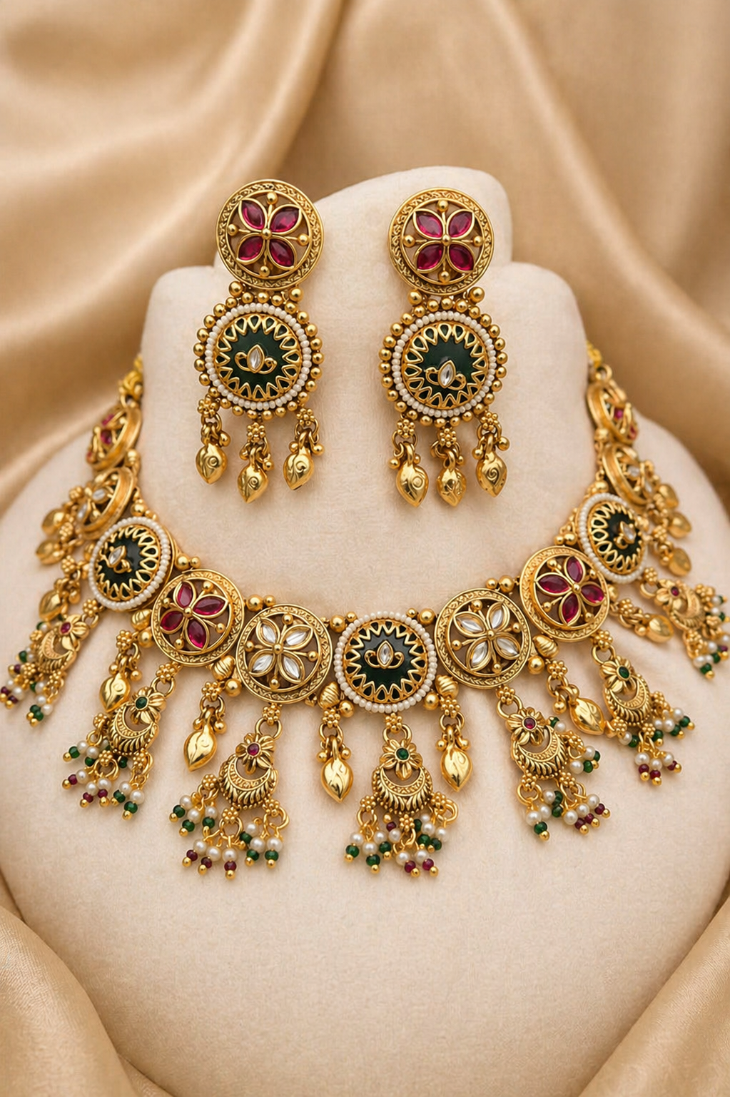 Gold necklace and earrings set on a beige fabric background
