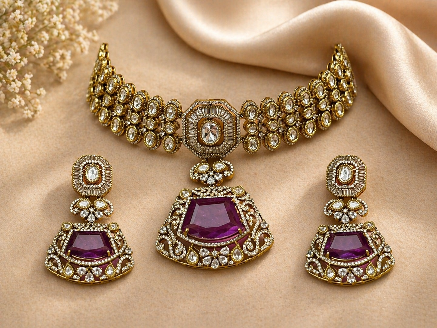 Ornate gold necklace and earrings with purple stones on a beige fabric background