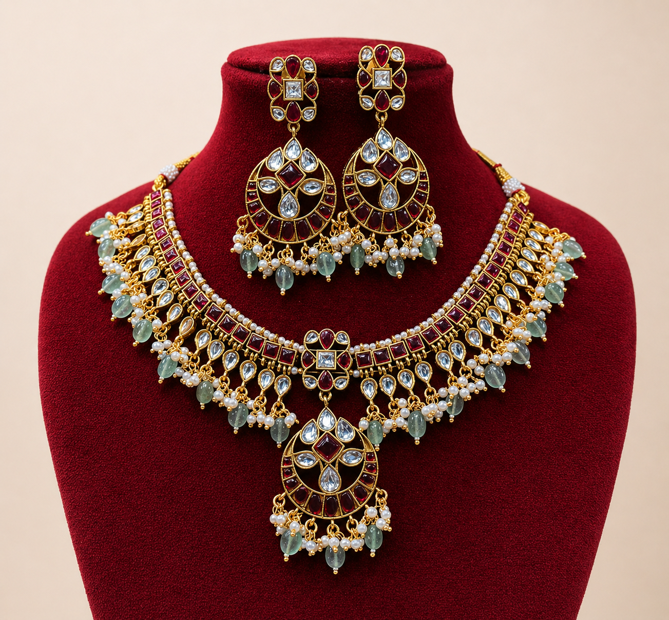 Ornate gold necklace and earrings set on a red velvet stand with a beige background