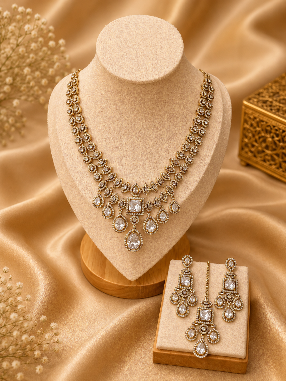 Ornate necklace on a mannequin bust with matching earrings on a gold fabric background
