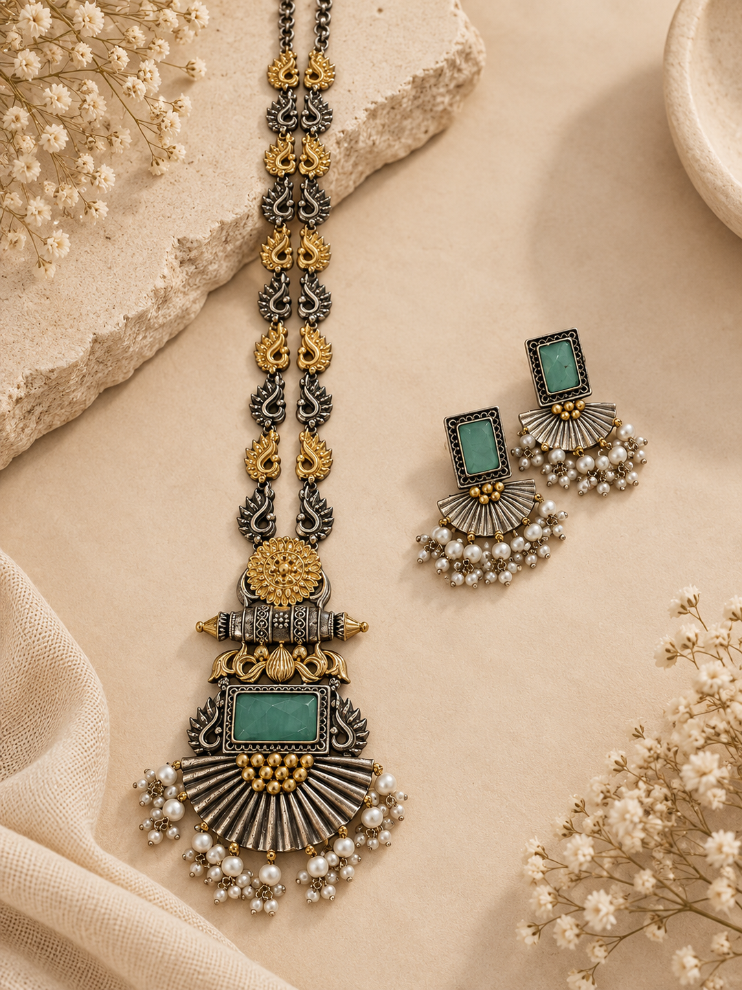 An ornate jewelry set featuring a long necklace and matching earrings with antique silver-toned metalwork, gold-toned detailing, and rectangular turquoise green stones, styled on a beige fabric background with dried flowers and stone props.